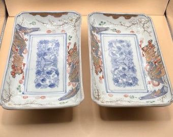 Set di 2 piatti rettangolari giapponesi vintage Imari dipinti a mano per sushi e verdure.