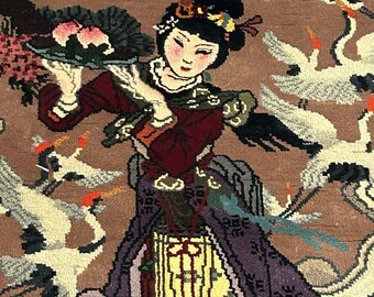 Pictorial  Oriental Rug Wall Hang Geisha Woman Cranes Silken Wool  4.5x3 RARE