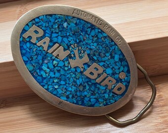 Rain Bird Belt Buckle Mens OS Blue Turquoise Chip Inlay Brass Oval Vintage