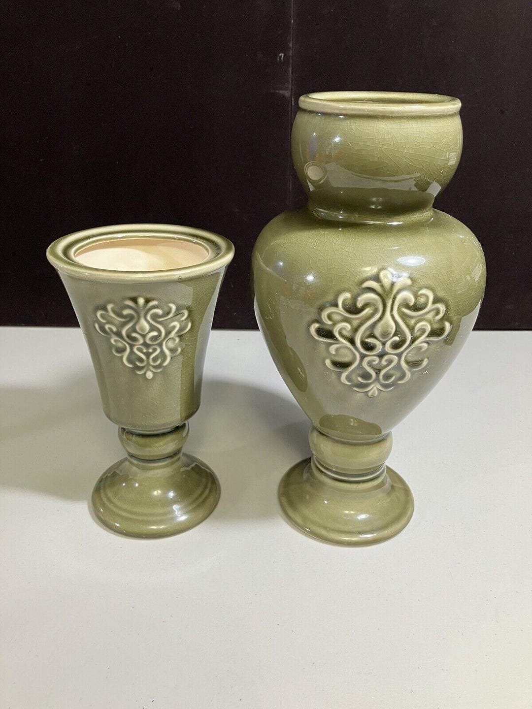 Vintage Set of 2 Green Floral Ceramic Pottery Vases 12 & 9 Tall - Etsy