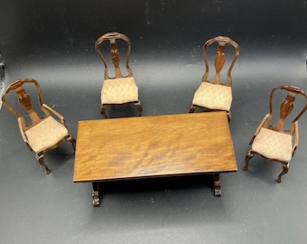 Dollhouse Miniature Dining Table & Chairs VTG Style Beige Fabric Mini Diorama