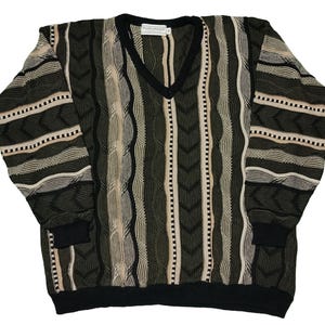 Vintage 90s Natural Exchang Coogi Style Sweater Pullover V-Neck Multicolor 3D Knit Sweater Cosby Biggie Jumper Size 3XL