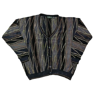 Vintage 90s Tundra Canada Coogi Style Cardigan Sweater V-Neck Multicolor 3D Knit Texture Cosby Biggie Size XXL Jumper