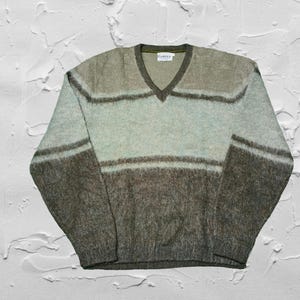 Vintage Campus Mohair Knitted Sweater, Retro V Neck Pullover Jumper, Size S