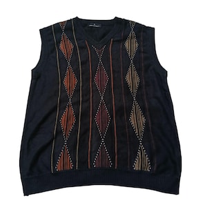 Vintage 90s Umberto Rosetti Coogi Style Sleeve less Sweater Pullover V-Neck Cosby Biggie Multicolour 3D Knit Texture Jumper