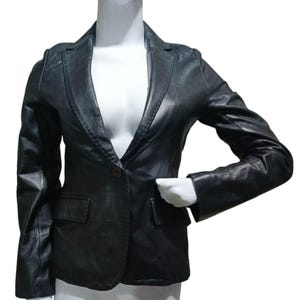 Vintage 90s Leather Coat Women&#39;s Button Up Black Coat Collar Pockets Overcoat