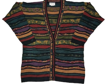 Vintage 90s La Dame Australia Coogi Style Wool Cardigan Sweater V-Neck 3D Texture Cosby Biggie Chunky Knit Sweater Size M