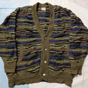 Vintage 90s Coogi Style Cardigan Sweater V-Neck Cosby Biggie Pockets Multicolour Jumper