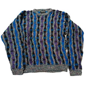 Suéter vintage estilo Coogi Expression de los años 90 para hombre, cuello redondo, multicolor, talla L