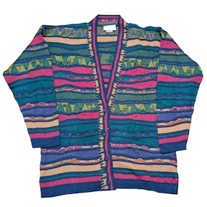 Vintage 90s La Dame Coogi Style Sweater Cardigan V-Neck Multicolor Cosby Biggie Size 3XL Jumper