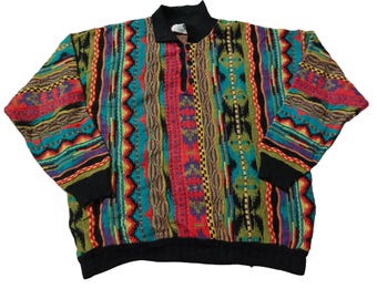 Vintage 90s Coogi Style Sweater Pullover Cosby Biggie Multicolor 3D Knit Jumper