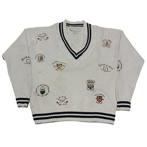 Vintage Adrienne Vittadini Golf Sweater- V-Neck Preppy Knit Pullover Embroidered Club Crests White M- Sportswear Retro