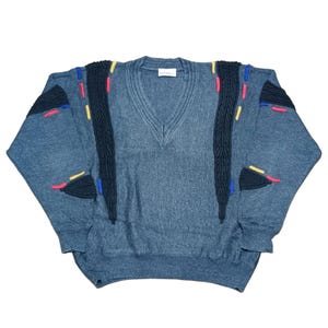 Vintage 90s Carlo Colucci Coogi Style Sweater Cosby Biggie V-Neck Pullover Multicolor 3D Knit Jumper