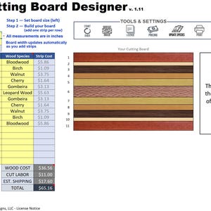 May include: A digital design interface for a cutting board, displaying board dimensions, wood species, and costs. The interface includes a size reference of 8.5" x 11" and a cutting board design with various wood types.