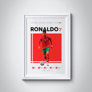 May include: A red and white poster featuring a photo of Cristiano Ronaldo playing football for the Portugal National Football Team. The poster reads "RONALDO 7" and "2003-2024".