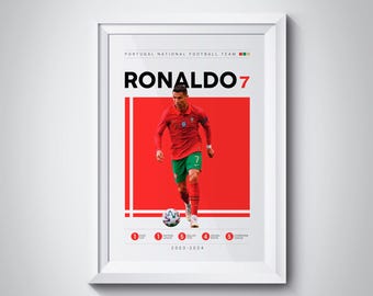 May include: A red and white poster with a photo of Cristiano Ronaldo playing soccer for the Portugal National Football Team. The poster says "RONALDO 7" and "2003-2024".
