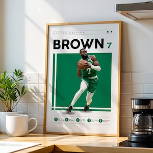 Puede incluir: Un póster con un jugador de baloncesto con un uniforme verde y blanco driblando el balón. El póster tiene el texto "BOSTON CELTICS" y "BROWN 7" en negro.
