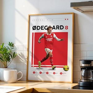 May include: A framed poster featuring a soccer player in a red and white uniform, with the text "ØDECGARD 8" in large white letters. The poster has a red background and a yellow soccer ball. The words "ARSENAL F.C." are at the top.