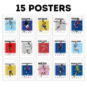 Pacote com 15 pôsteres de estrelas do futebol: Arte de parede de futebol (Download digital)