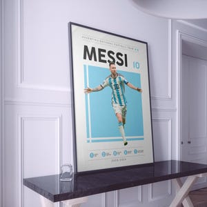 May include: A black and white poster with a photo of Lionel Messi in a blue and white soccer jersey. The poster says "Argentina National Football Team" and "Messi 10" in black text. The poster also includes a timeline of Messi's career from 2005 to 2023.