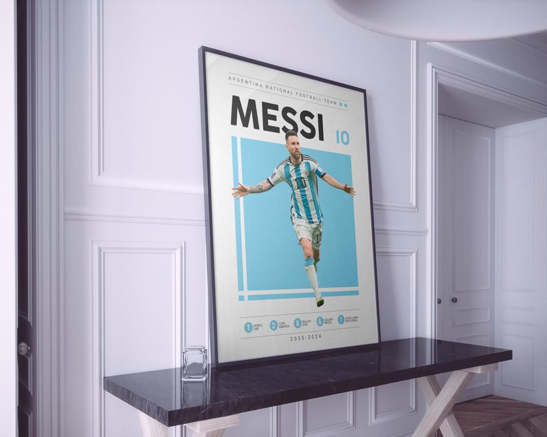 May include: A black and white poster with a photo of Lionel Messi in a blue and white soccer jersey. The poster says "Argentina National Football Team" and "Messi 10" in black text. The poster also includes a timeline of Messi's career from 2005 to 2023.