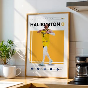 May include: A poster featuring Indiana Pacers basketball player Tyrese Haliburton wearing a yellow jersey with the number 0. The poster has a yellow background with black text that reads "Haliburton 0".