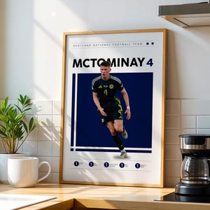 May include: A framed poster featuring a photograph of a footballer in a dark blue Scotland national team kit with the number 4. The text reads SCOTLAND NATIONAL FOOTBALL TEAM and MCTOMINAY 4, with additional small circular icons at the bottom.