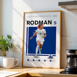 May include: A framed poster featuring a soccer player in a white uniform with the number 5. The poster has the text "RODMAN 5" and "UNITED STATES WOMEN'S NATIONAL SOCCER TEAM". A soccer ball is at the bottom.