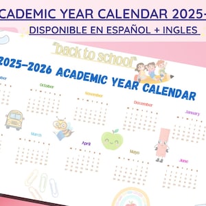 Puede incluir: Un calendario académico blanco para el año 2025-2026 con fondo rosa. El calendario incluye los meses de septiembre a junio, con ilustraciones coloridas de elementos escolares. El texto en la parte superior dice "Calendario del año académico 2025-2026".