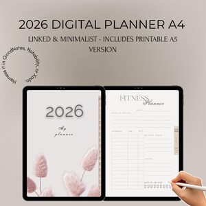 Puede incluir: Dos tabletas muestran una agenda digital para 2026. La tableta izquierda muestra la portada con el año y las palabras "My planner" con un diseño floral. La tableta derecha muestra un planificador de fitness. El texto dice "2026 Digital Planner A4".
