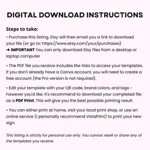 May include: Digital download instructions for Etsy templates. The text explains how to download the files, edit them in Canva, and print them. It also states that the templates are for personal use only.