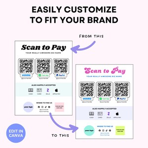 Editable Scan to Pay QR Code Sign Template | small business signage, pay here, payment method sign, craft fairs, pop-ups, vendor events image 3