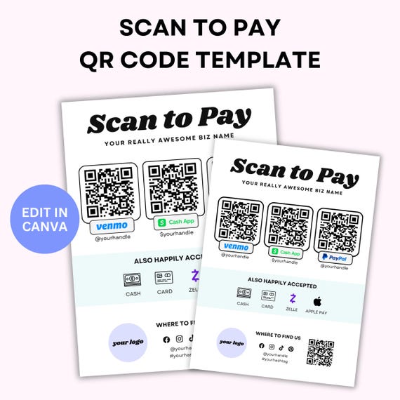 Editable Scan to Pay QR Code Sign Template | small business signage, pay here, payment method sign, craft fairs, pop-ups, vendor events