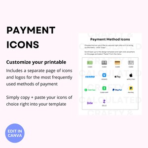 May include: A printable sheet of payment method icons, including logos for cash, Venmo, Apple Pay, PayPal, Cash App, and Zelle. The text "Payment Method Icons" is at the top of the sheet. The text "Choose the icon you'd like to use and right click on it to bring up the menu - click "Copy"" is below the title. The text "Scroll back up to the design template and right click anywhere on the page and select "Paste" from the menu" is below the first text block.