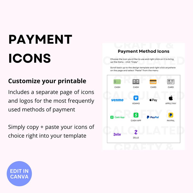 May include: A printable sheet of payment method icons, including logos for cash, Venmo, Apple Pay, PayPal, Cash App, and Zelle. The text "Payment Method Icons" is at the top of the sheet. The text "Choose the icon you'd like to use and right click on it to bring up the menu - click "Copy"" is below the title. The text "Scroll back up to the design template and right click anywhere on the page and select "Paste" from the menu" is below the first text block.