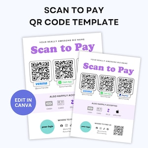 Customizable QR Code Scan to Pay Sign Template | small business signage, pay here, payment method sign, craft fairs, pop-ups, vendor events