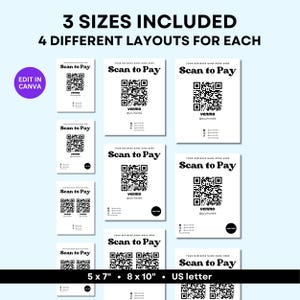 Editable Scan to Pay QR Code Sign Template | 12 templates, payment method sign, craft fairs, pop-ups, vendor events, small business sign