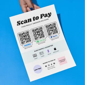 May include: A white sign with the text "Scan to Pay" and "Your Really Awesome Biz Name". The sign has QR codes for Venmo, Cash App, and PayPal. It also lists other payment methods including cash, card, Zelle, and Apple Pay. The sign includes a logo and social media handles.