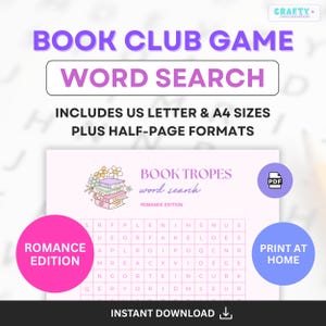 Bookish Word Search Puzzle - Book Tropes, Romance Edition | book club icebreaker game, book lover puzzle, cozy activity, favorite tropes
