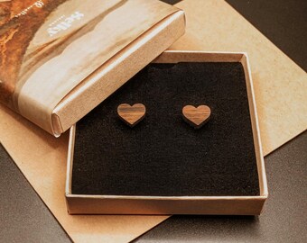 Heart Stud Earrings -  Sustainable Wooden Jewellery,  Hypoallergenic, Recycled Whiskey Barrel, Gift for her, Anniversary, Valentines gift