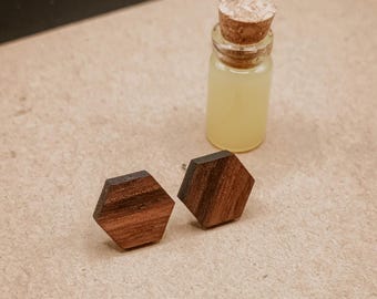 Hexagon Stud Earrings -  Sustainable Irish Wooden Jewellery,  Hypoallergenic, Recycled Whiskey Barrel, Minimalist, Celtic, Nordic Design