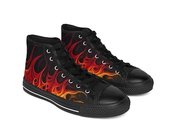Tênis masculino com padrão flamejante, calçados de lona de náilon preto com design de fogo