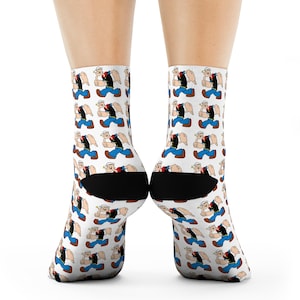 Fun Popeye Crew Socks, Novelty Cartoon Character Printed Footwear, Cute Comic Theme Stockings, Unique Crew Length Socks, Funny Gift for Men