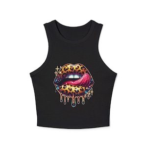 Tank Top, Fun Leopard Lips Pattern, Black Micro Rib Racer Tank, Women&#39;s Fashion Shirt, Summer Sleeveless Tee, Trendy Animal Print Camisole