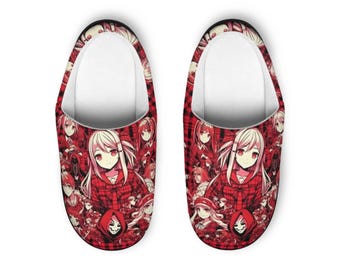 Chinelos de anime xadrez, sapatos de flanela aconchegantes