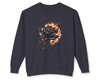 Flammendes schwarzes Rosen-Sweatshirt, Gothic Floral Pullover