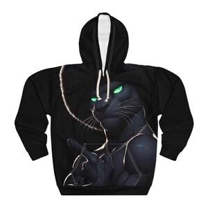 May include: Black hoodie with a graphic print of a black cat wearing a hat and a gold chain. The cat has green eyes and is giving a finger.