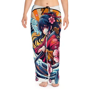 Anime Ninja Girl Colorful Komon Sword Women&#39;s Pajama Pants, Japanese Fashion Lounge Wear, Otaku Gift, Anime Fan Clothing, Ninja Costume,