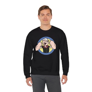 Popeye The Sailor Black Crewneck Sweatshirt, Cartoon Character Long Sleeve Top, Retro Pop Culture Jumper, Unisex Hoodie, Fun Graphic Printed