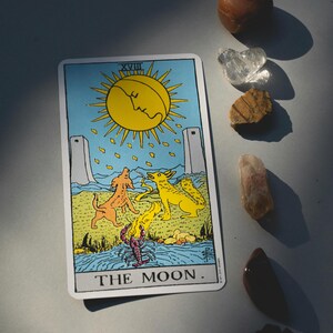 May include: A tarot card labelled "THE MOON" with a yellow sun and two dogs. The card is surrounded by various crystals and stones, including quartz and jasper, on a grey surface.